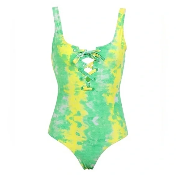 NWT GANNI Tie Dye Lace-up Green Yellow One-piece Swimsuit Sz 42 - Picture 7 of 7